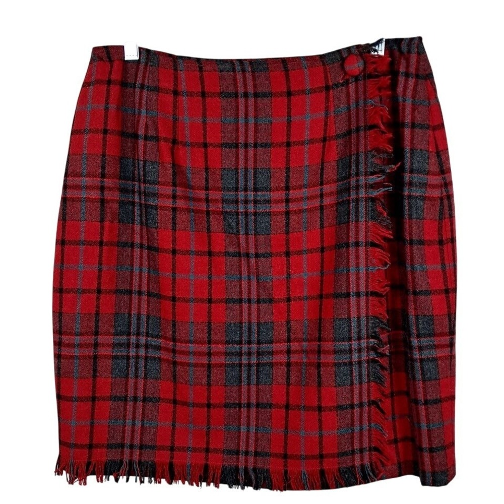 Vintage FORENZA 14 Red Blue Tartan Plaid Wool‎ Blend Fringed Wrap Skirt